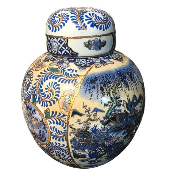 Vintage Ginger Jar Blue & White Porcelain Lid Hand-Painted Birds & Floral Motif - Picture 3 of 11